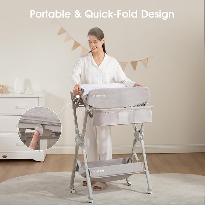 Maydolly Changing Table，Portable Diaper Changing Station, Foldable Baby Changing Table,Compact Nursery Diaper Changing Table for Baby，Adjustable Height，Mobile on Wheels (Grey)