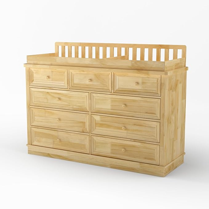 Homsee Baby Changing Table Dresser, 100% Solid Wood Infant Diaper Changing Station Combo, 9-Drawer Baby Nursery Dresser with Removable Tray for Children's Room Bedroom, Nature Color 55.1"W