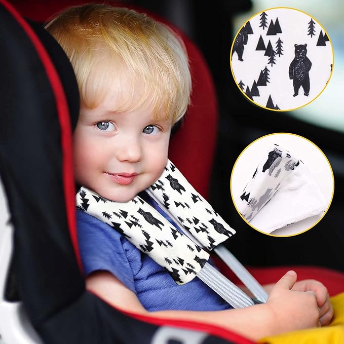 Baby Car Seat Belt Covers, Bear Car Seat Strap Covers for Boys, Fleece Stroller Strap Cover for Kids, Soft Car Seat Neck Cover, Newborn Car Seat Straps Shoulder Protectors, 2 Pack