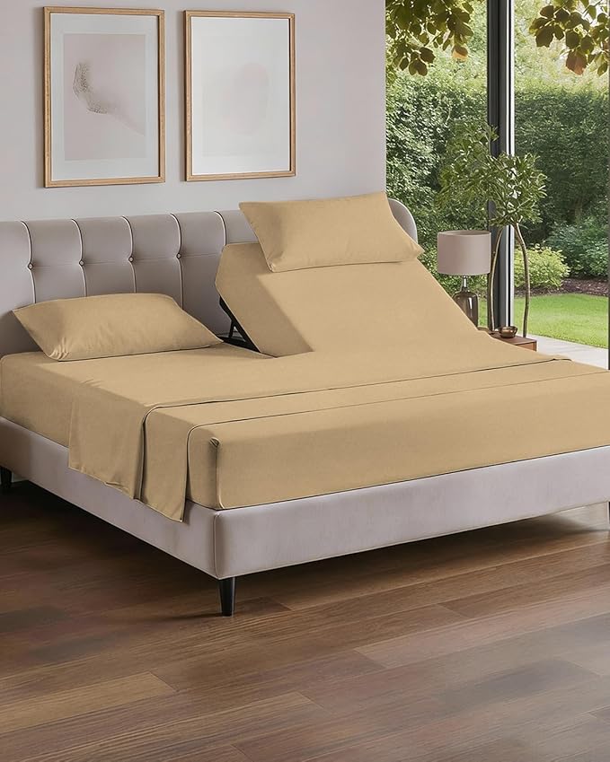 Flex Top Split Head King 4 Piece Sheet Set - Comfy Breathable & Cooling Bed Sheets Set - Hotel Luxury Bedding for Women, Men, Kids, Teens, Boys & Girls - Deep Pockets, Soft - Oeko-Tex - Heathered Tan