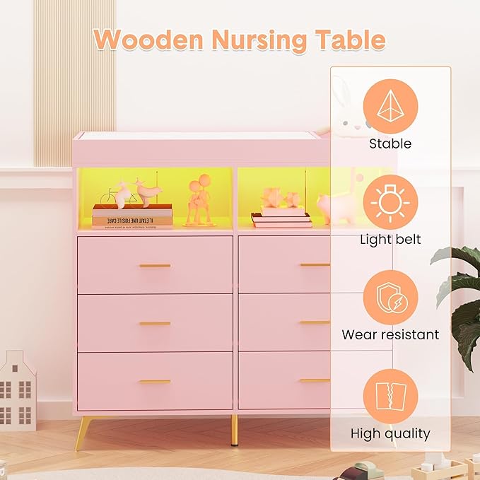 Baby Changing Table Dresser with 6 Drawers, Baby Nursery Dresser, LED Lights & Charging Station – Multifunctional Nursery Dresser with Removable Changing Top, Anti-Tip Design, Pink