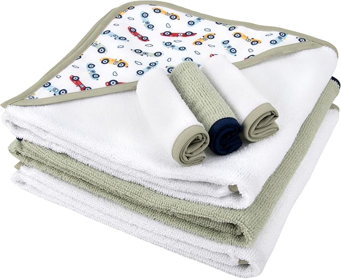 Baby Bath Essential Hooded Baby Bath Towel and Washcloth 6 Piece Set for Newborns, Infants & Toddlers, Boys & Girls Baby Hooded Towels Set (Racecars)
