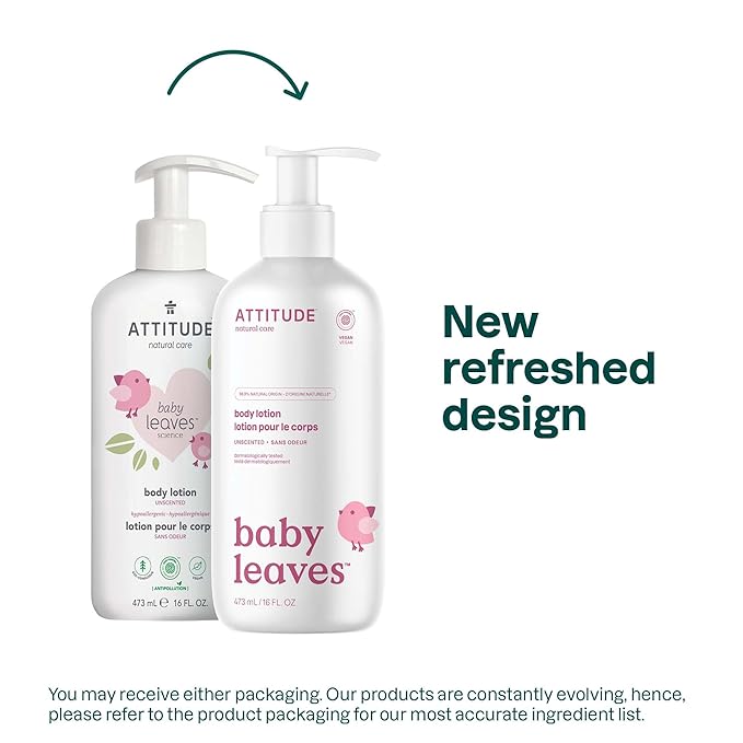 ATTITUDE Baby Lotion, EWG Verified Moisturizer, Dermatologically Tested Moisturizing Cream, Vegan and Cruelty-Free, Unscented, 16 Fl Oz