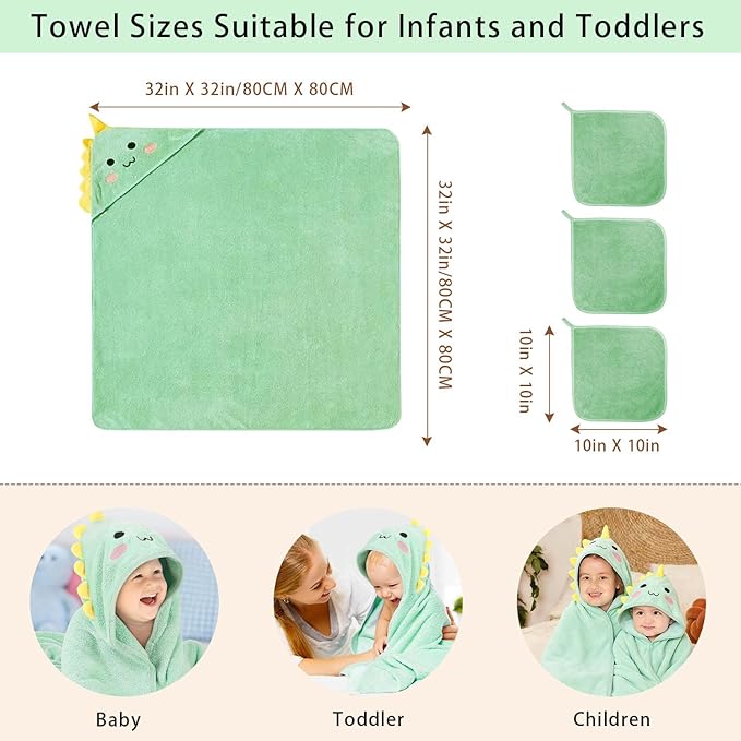 4 PCS Hooded Baby Towel Set, 32x32 Inch Absorbent Baby Bath Towels, Soft Hooded Towels and 3 PCS Washcloths, Unisex Baby Gift Set for Newborns, Babies, Toddlers (Green)