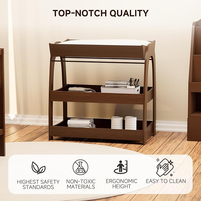 Baby Changing Table, Wood Diaper Changing Table with 2-Tier Storage Shelves, Wooden Baby Changing Station for Nursery, Modern Changing Table Dresser