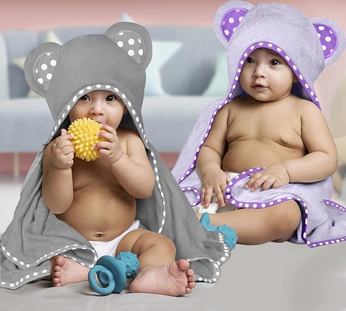 Set of 2 Hooded Baby Towels – Purple and Grey – Luxurious, Large and Super Absorbent – 30 x 30 Inch – Soft and Suitable for Infants, Toddlers and Kids – 400 GSM