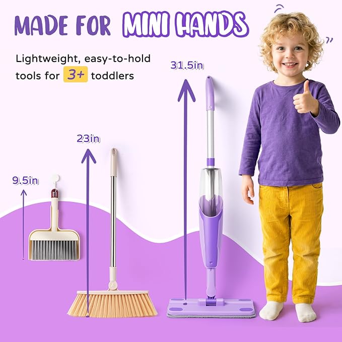 Kids Cleaning Toy Set,Purple Mini Spray Mop Montessori Toys Pretend Play Cleaning Tool for Toddlers with Spray Mop & Kids Broom Dustpan Set Cleaning Toys Gift for Toddlers Girls Boys Age 3+