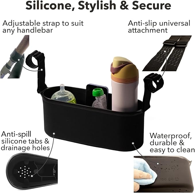 Universal Silicone Stroller Organizer by roo go | Waterproof, Durable, Easy-to-Clean Caddy with Secure Cup Holders | 100% BPA-Free, Eco-Friendly, Anti-Slip Straps fit Uppababy, Nuna, Doona & More