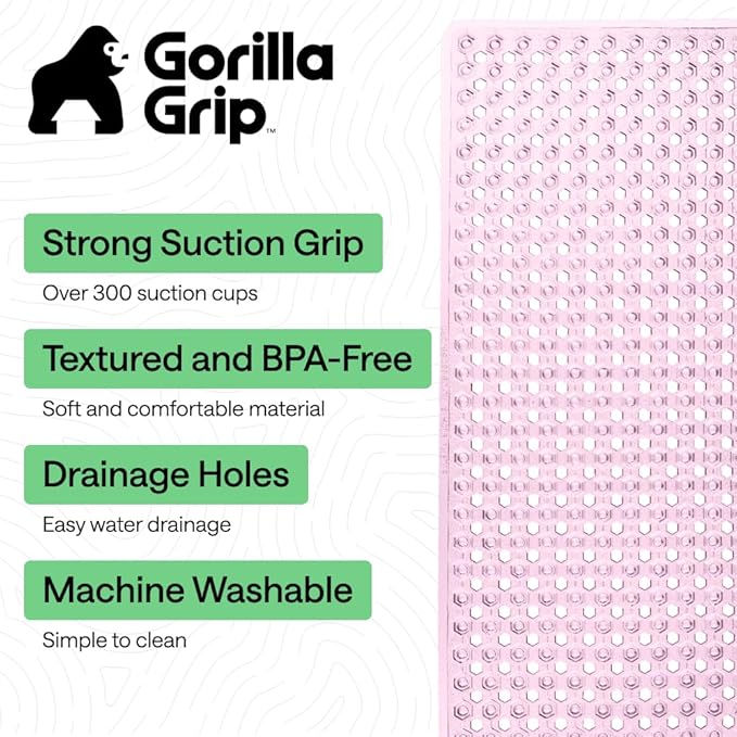 GORILLA GRIP Patented Bath Tub Shower Mat, Machine Washable Bathtub Floor Liner Mats, Suction Cups and Drain Holes to Keep Tubs Clean, Soft on Feet, Bathroom Essentials, 35x16 Inch, Clear Light Pink