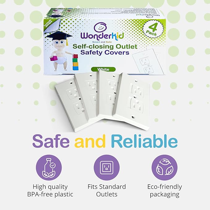 Self-Closing Electrical Wall Outlet Covers for Baby Proofing, Premium Plastic, Standard-Size Child Proof Outlet Cover, 4.6 x 3 Inches, Pack of 4, White - Wonderkid