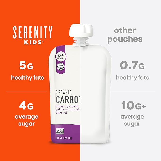Serenity Kids 6+ Months Carrot Puree Baby Food Pouches - USDA Organic Toddler Food - No Added Sugar Baby Snacks - BPA-Free Snack Pouch - 3.5 Oz, 6 Pack