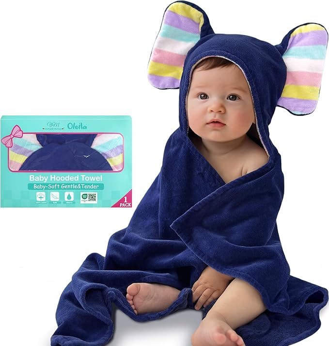 VOOVA & MOVAS Premium Navy Baby Hooded Bath Towel - 100% Cotton,500GSM, 33x31.5 Inches,0-2Years, Super Absorbent Large Towel with Cute Elephant Ears Hood for Newborn,Infant, Baby Essentials,Navy