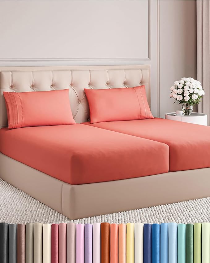 Split King Size 5 Piece Sheet Set - Comfy Breathable & Cooling Bed Sheets Set - Hotel Luxury Bedding for Women, Men, Kids, Teens, Boys & Girls - Deep Pockets, Soft and Wrinkle Free - Oeko-Tex - Coral