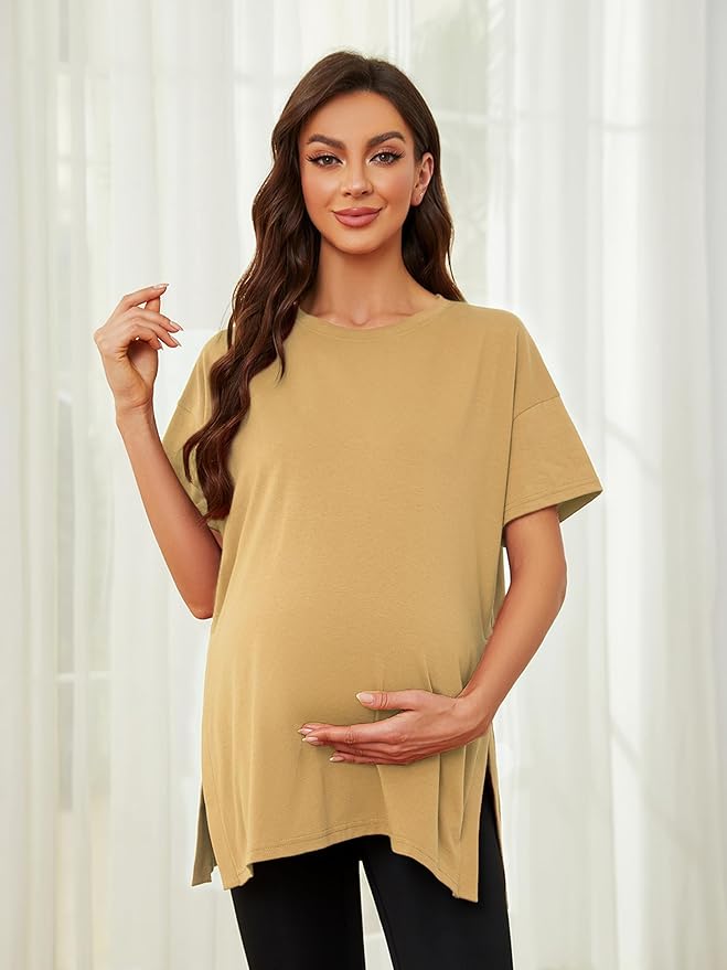 Ecavus Women's Casual Maternity Shirts Split Side Pregnancy Tops Blouses Short Sleeve Loose Fit Maternity Clothes