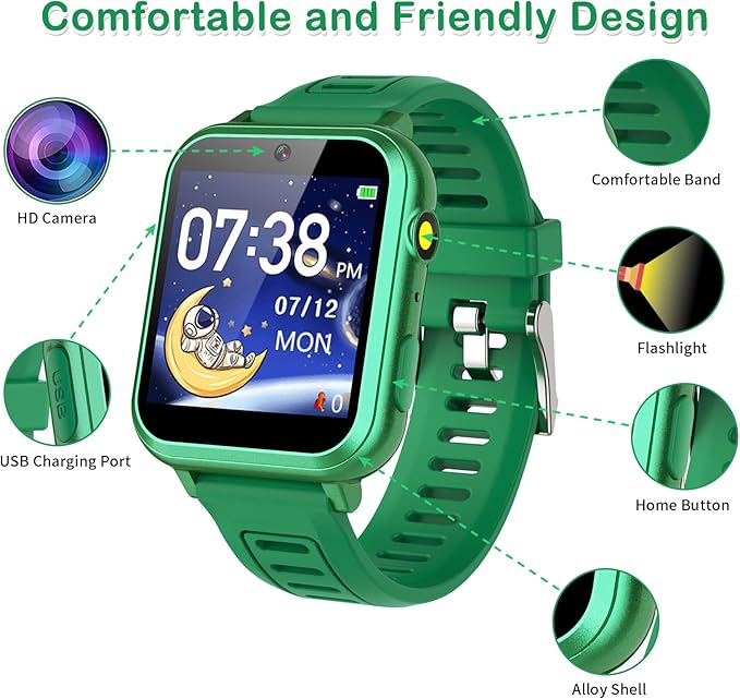 Phyulls Smart Watch for Kids with 39 Puzzle Games, Camera, Video Recorder, Music, Alarm, Calculator, Calendar, Flashlight, Pedometer - Birthday Gift for 3-12 Year Old Boys & Girls