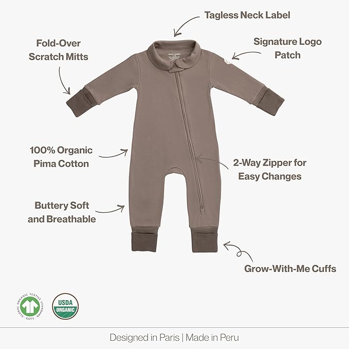 MON CHOU 100% Organic Pima Cotton Baby Pajamas | 2-Way Zipper, Convertible Footie & Mittens | Unisex - Sizes 0–18 Months