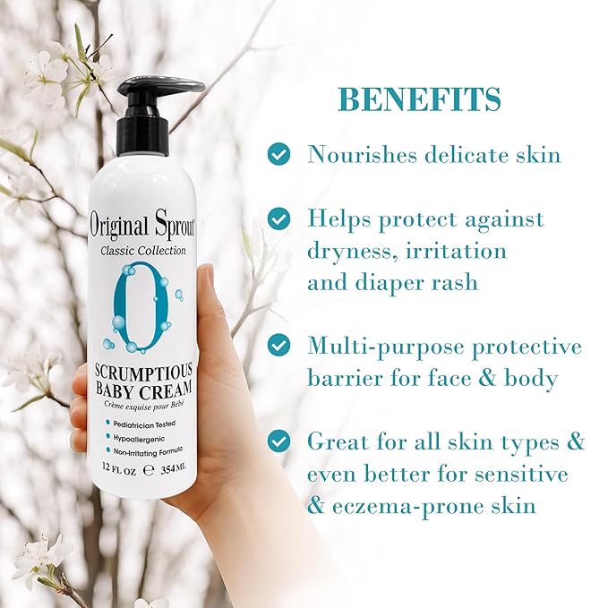 Original Sprout Scrumptious Baby Cream for Sensitive Skin & Diaper Rash, Gentle Non-Greasy Baby Lotion with Zinc Oxide & Calendula, Moisturizing Face & Body Cream, 12 fl oz