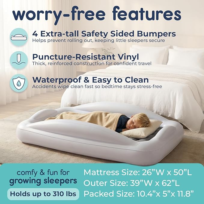 Hiccapop Inflatable Toddler Travel Bed with Safety Bumpers [4-Sided], Portable Toddler Bed for Kids, Toddler Air Mattress, Kids Air Mattress - Grey