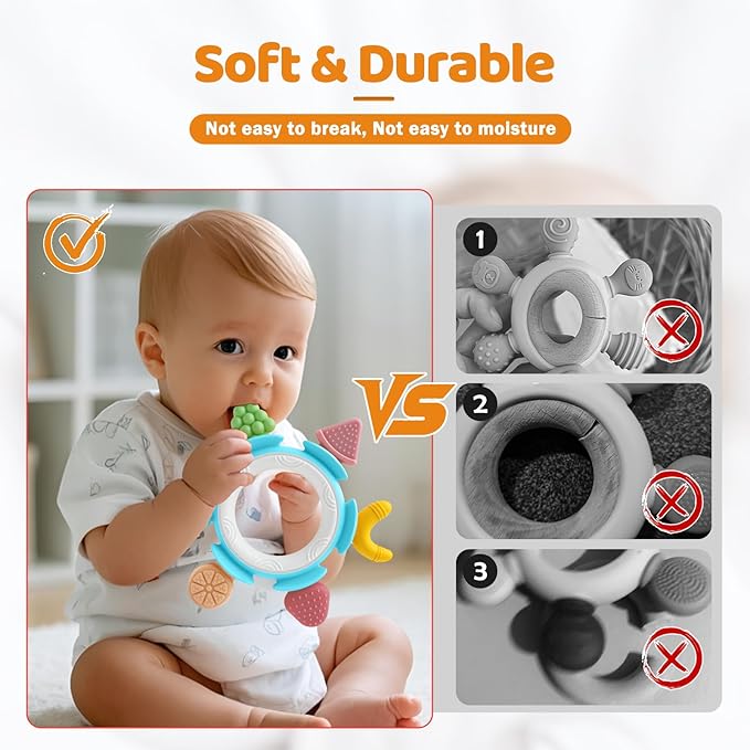 Baby Teething Ring Toy for 3-6-12 Months, Silicone Infant Teether for Sore Gum Relief, Soothing Sensory Chew Toy, Ideal Newborn Gift for Boys Girls Baby Shower, Birthday or Christmas, Blue