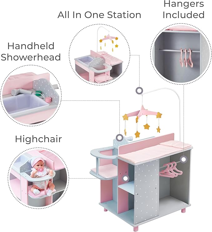 Olivia's Little World 6-in-1 Wooden Baby Doll Changing Station with Crib, Changing Table, High Chair, Double-Door Closet, Sink and Washing Machine, Multicolored