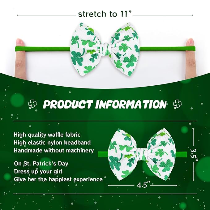 YanJie Baby Bows Nylon Green Bow Headbands for Infant Girls Shamrock Clover Headband Newborn Toddler Headband St Patricks Day Hair Accessories White