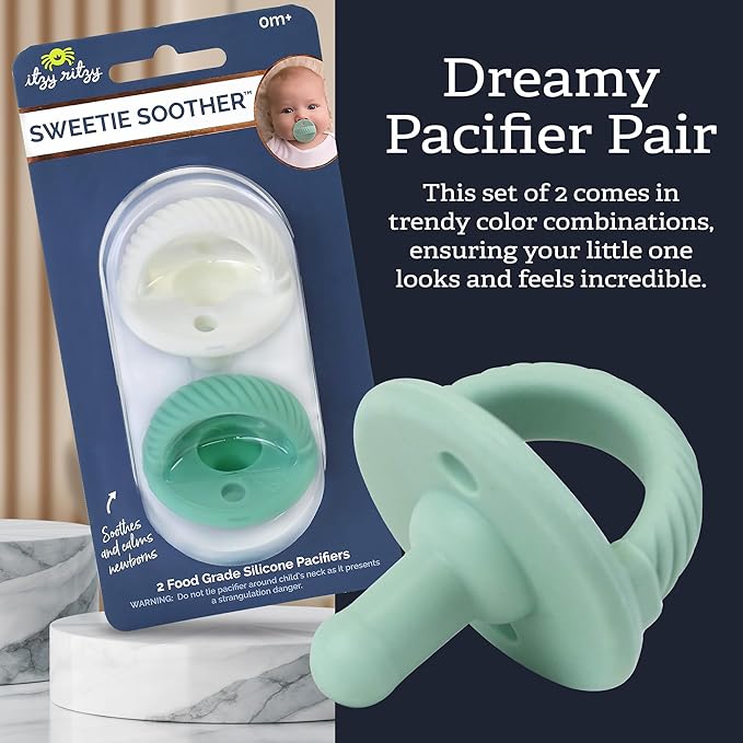 Itzy Ritzy Silicone Pacifiers for Newborn – Itzy Soother Pacifiers Feature Collapsible Handle & Two Air Holes for Added Safety – for Ages 0-6 Months, Set of 2 in Mint & White