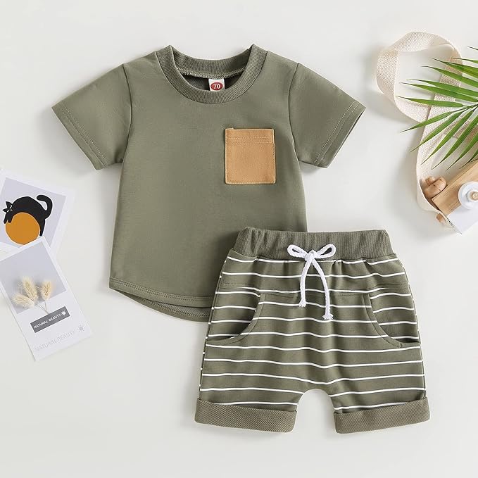 fhutpw Baby Toddler Boy Clothes Summer Outfits 6 12 18 24 Months Patchwork Short Sleeve T Shirt & Shorts Sets with Pockets