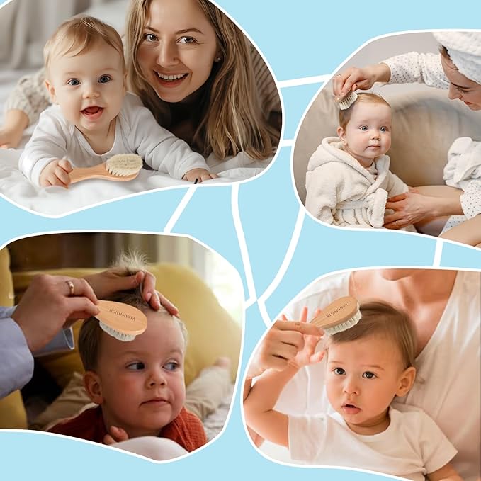 Baby Hair Brush and Comb Set, Wooden Baby Hair brush with Soft Goat Bristle and Wood Comb for Newborn Essentials, Good for Cradle Cap