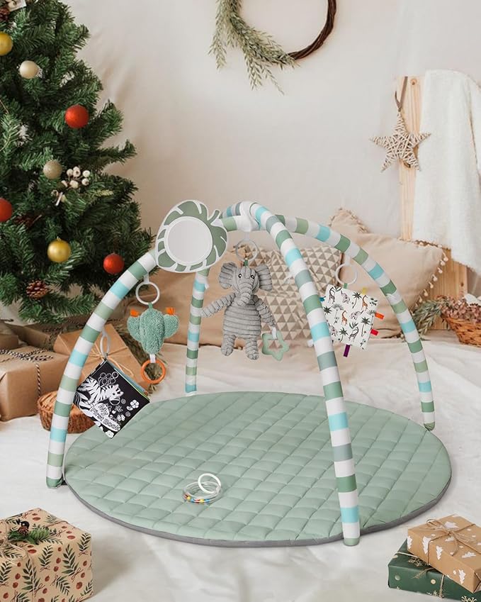 Blissful Diary Baby Play Gym Mat, Play Mat Activity Mat with 6 Detachable Toys for Stage-Based Sensory & Motor Skill Development, Easy to Install & Clean, Baby Essentials Gift, Sage Green