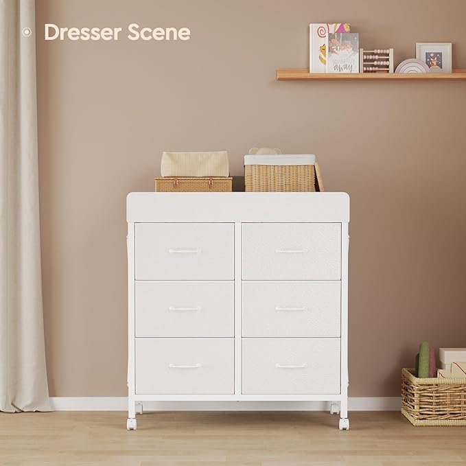 Baby Changing Table Dresser with Wheels, 6-Fabric Drawer Baby Dresser with Changing Table Top, Waterproof Diaper Changing Station & Pad, Mobile Storage Unit, Compact Baby Furniture, White