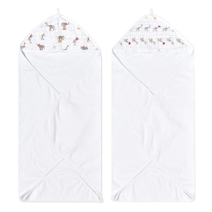 aden + anais Essentials Hooded Baby Bath Towel, Super Soft 100% Cotton, 2 Pack, Elephant Circus