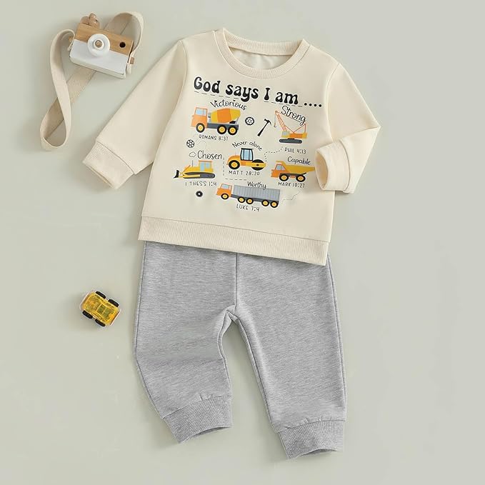 FOCUSNORM Toddler Baby Boy Fall Winter Outfit Excavator Embroidered Long Sleeve Sweatshirt Elastic Jogger Pant 2 Pcs Clothes