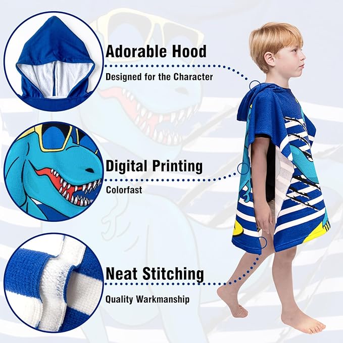 Hooded Kids Beach Towels - Toddler Bath Towel Girls Boys Swim Cover-ups for Ages 1 to 6 Kids Pool Towels Quick Dry Lightweight Soft Microfiber Poncho Towel 24x23 (Dinosaur Navy)