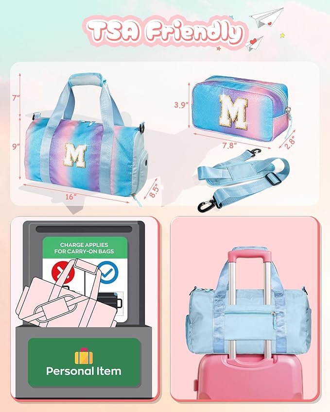 Girls Cheer Up Gifts-Girl Gym Bag with Shoe Compartment, Kid Personalized Weekender Overnight Bags, Initial Travel Tote with Makeup Pouch, Graduation Gift for Niece Kids Daughter (Letter K)