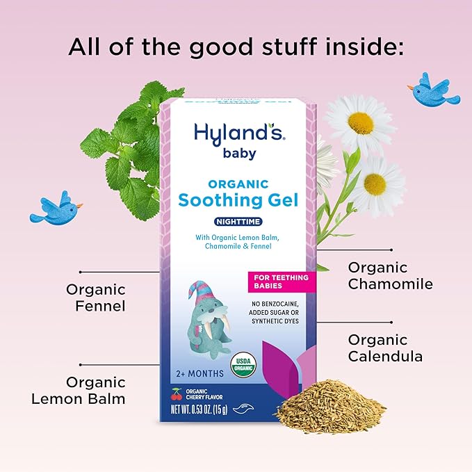 Hyland's Baby Organic Night Oral Soothing Gel, with Chamomile, Calendula, and Fennel, Cooling Gel for Oral Discomfort, Easy-to-Apply, Ages 2 Months and Up, 0.53 Ounce