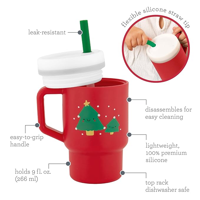 Infantino My 1st Tumbler Christmas Edition, Silicone Sippy Cup with Straw & Handle, Spill-Resistant Baby Cup for On-the-Go, BPA-Free Transition Cup, Christmas Tree