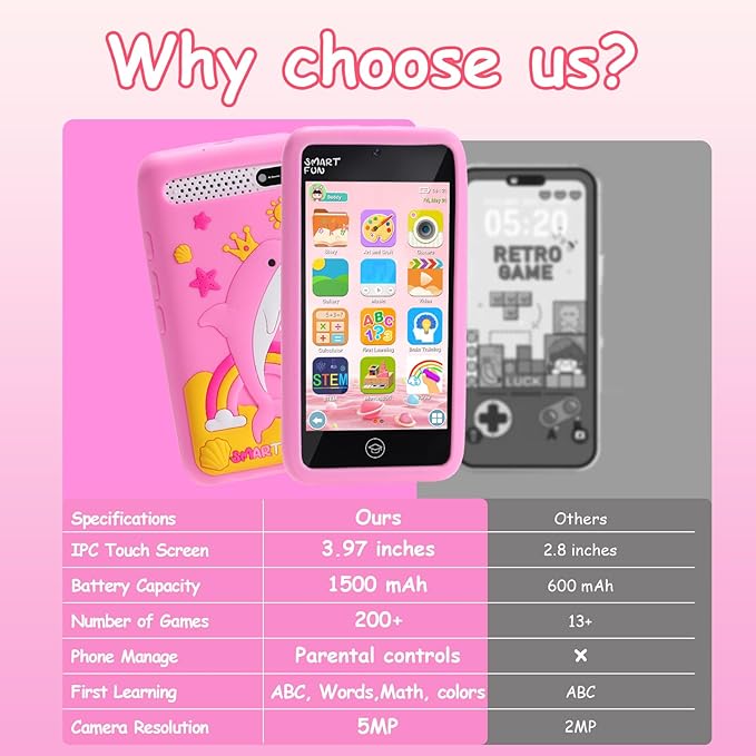 Kids Smart Phone Toys with 3.97" Touchscreen, Christmas Birthday Gifts for Kids Ages 3-12, Toddler Learning Cell Phone with Games & Dual Camera, Girls Phone Toys for Age 3 4 5 6 7 8 9 Years Old