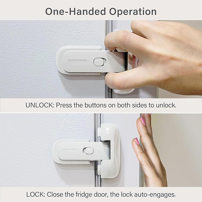 Fridge Lock for Kids, Refrigerator Lock Child Proof, Freezer Latches to Keep Door Closed, One Handed Operation, Strong Adhesive Tapes Included, White