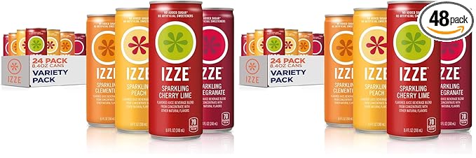 IZZE Sparkling Juice Beverage Blend, Sunset Variety Pack, Clementine, Peach, Cherry Lime, Pomegranate, No Sugar Added, 8.4 Fl Oz (Pack of 48)