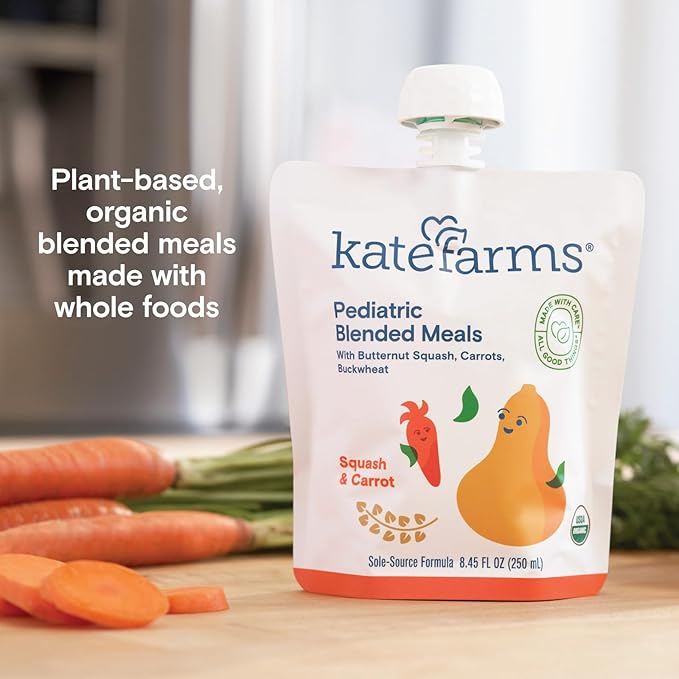 KATE FARMS Organic Pediatric Blended Meal, Squash and Carrot, 8g protein, organic whole foods, oral or tube feed nutrition, Gluten Free, Non-GMO, 8.45 oz (12 Pack)
