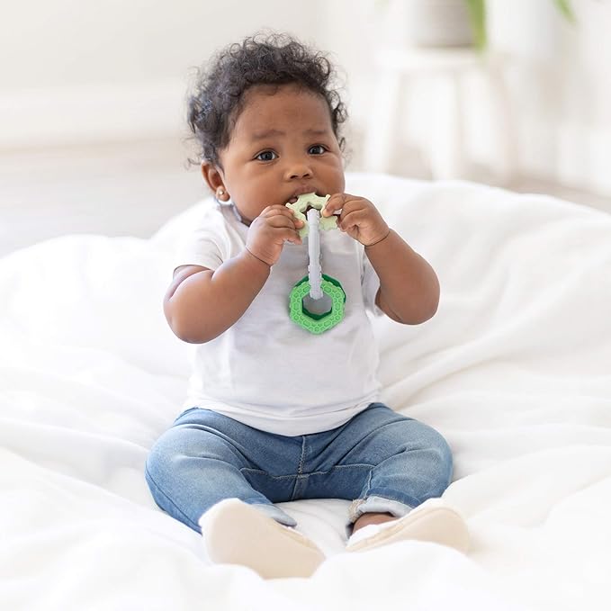 Bumkins Baby Teething Freezer Toy Keys Rings, Soft Flexible Pacifier to Chew, Cool Teether Gum Relief, Babies 3 Months, Freezable Platinum Silicone, Sensory Bracelet with Charms, Green and Gray