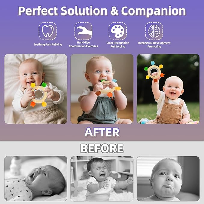 Baby Teething Rings Toys for 0-6 6-12 Months Animal Rattle Teether Sensory Toys for Babies 0-24Months Silicone Teether Relief Chew Soothing Sore Gums for Newborn Infant Essentials BPA Free (Animal)