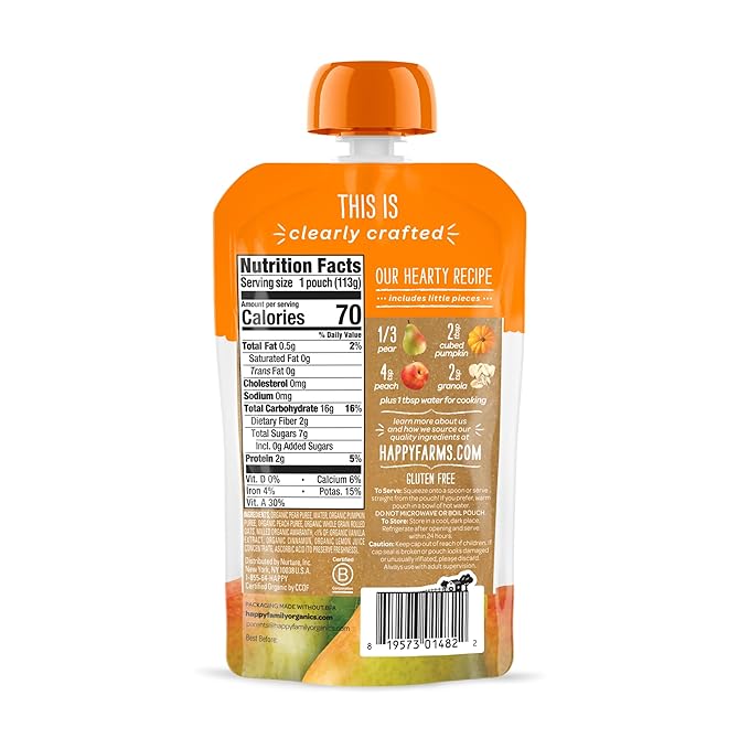 Happy Baby Organics Stage 2 Baby Food Pouches, Gluten Free, Vegan & Healthy Snack, Clearly Crafted Fruit & Veggie Puree, Pumpkin, Peaches & Granola, 4 Ounces (Pack of 16)