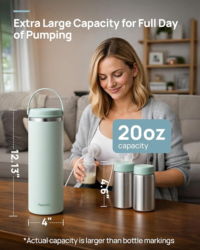 Papablic 360° CapsuleChill Breastmilk Cooler for 36H Safe Storage, Stress-Free Portable Breast Milk Chiller for Working Mom, 20oz Travel Cooler with 2pcs Stainless Steel Baby Bottles, Sakura Pink