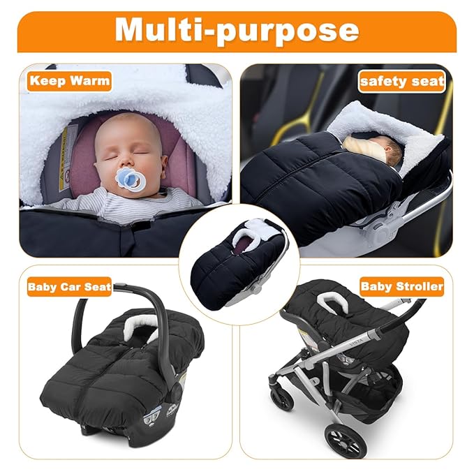 Winter Baby Car Seat Cover - Infant Carseat Bunting Bag Blanket Keep Baby Warm for Newborn Boys Girls- Cold Weather Insulated Windproof Carrier Canopy for Travel (Black)