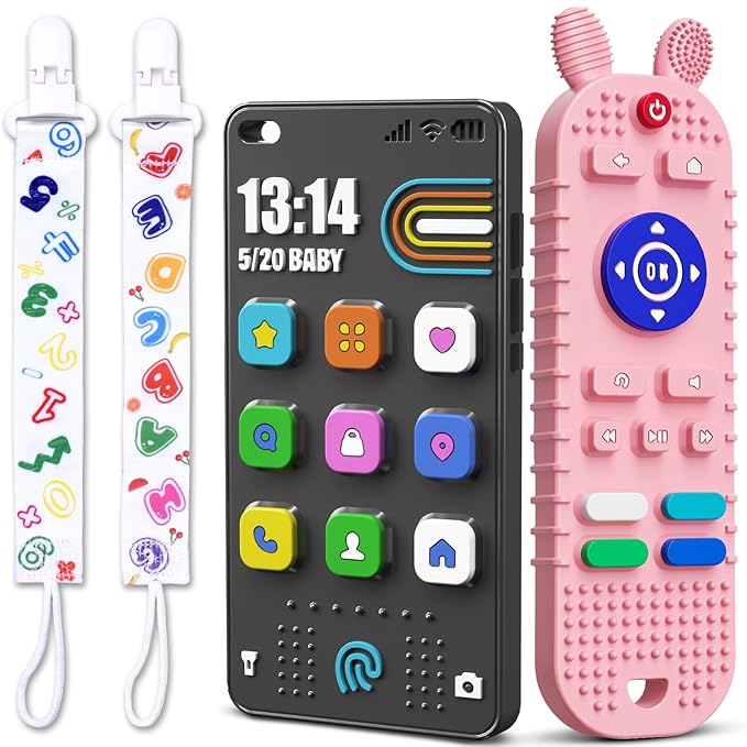 TV Remote Control Shape Baby Teething Toys and Phone Shape Teether Toys for Babies 6-12 Months, Soft Flexible Silicone Chew Toys for Baby - Black Pink