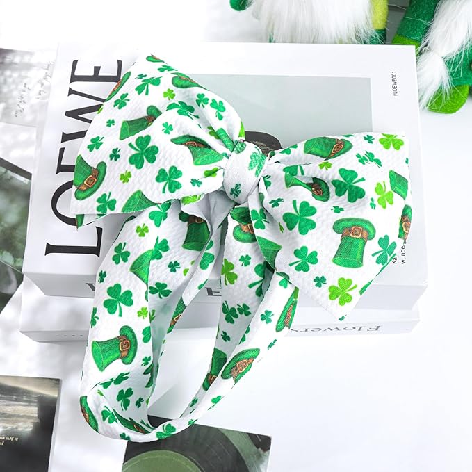YanJie 7'' St.Patrick's Day Baby Girl Bows Clover Headband Shamrock Bow St. Patrick Top Hat Hair Bows Newborn Wide Hairbands Hair Accessories