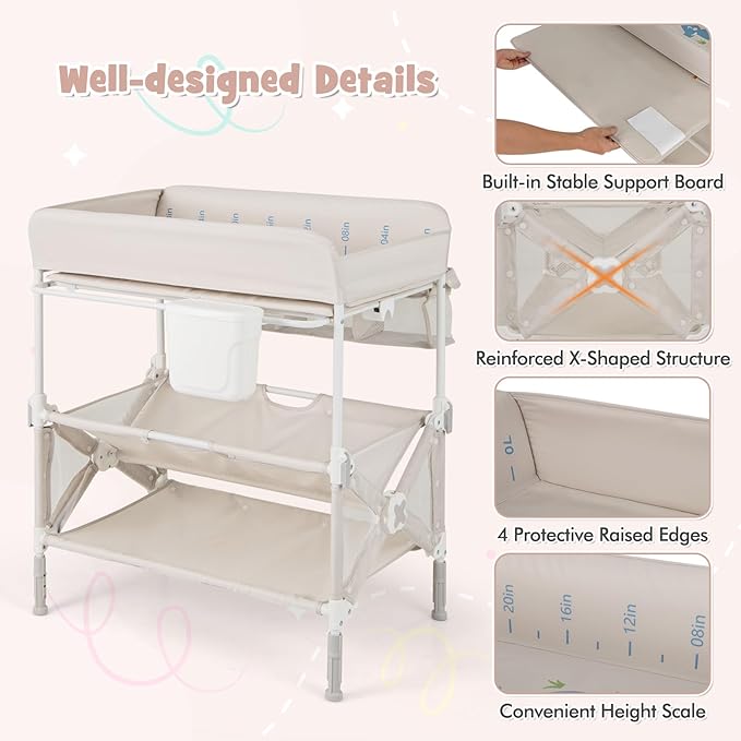 HONEY JOY Changing Table, Foldable Baby Mobile Nursery Organizer w/Wheels, Adjustable Heights, Storage Bag & Shelves, Waterproof Diaper Changing Station Dresser, Portable for Newborn Infant (Beige)