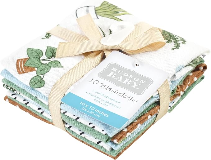 Hudson Baby Unisex Baby Flannel Cotton Washcloths, Plants 10 Pack, One Size