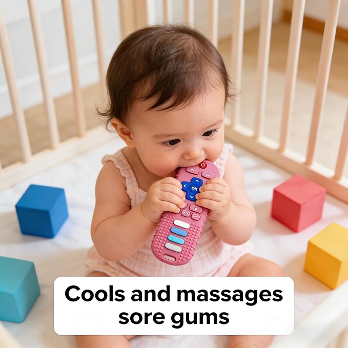 Baby Teether Toy,TV Remote Control Shape Teething Relief Chew Toy for Infants 3-24 Months, BPA Free, Pink